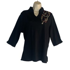 Bon Worth Women Black Embroidered Blouse Top Size M